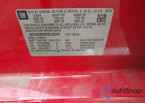 2015 GMC Sierra 1500 Slt из США, поврежденный, VIN 3GTU2VEC0FG139707